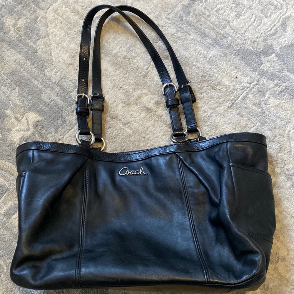 Coach Leather Bag Black, Silver Hardware with Light Blue lining